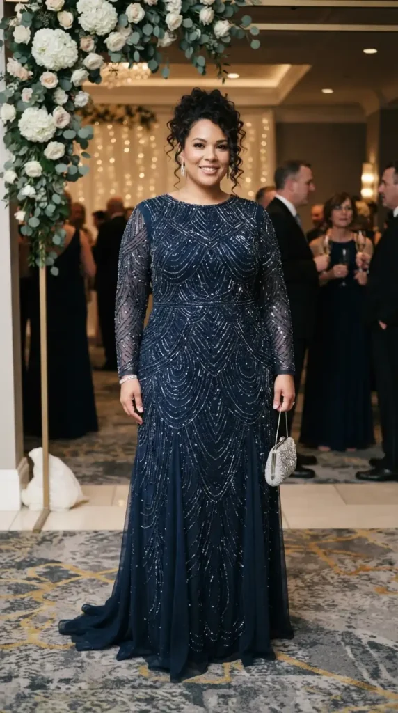 17 Stunning Plus Size Formal Outfits for Weddings and Events 12 long-sleeve-beaded-gown