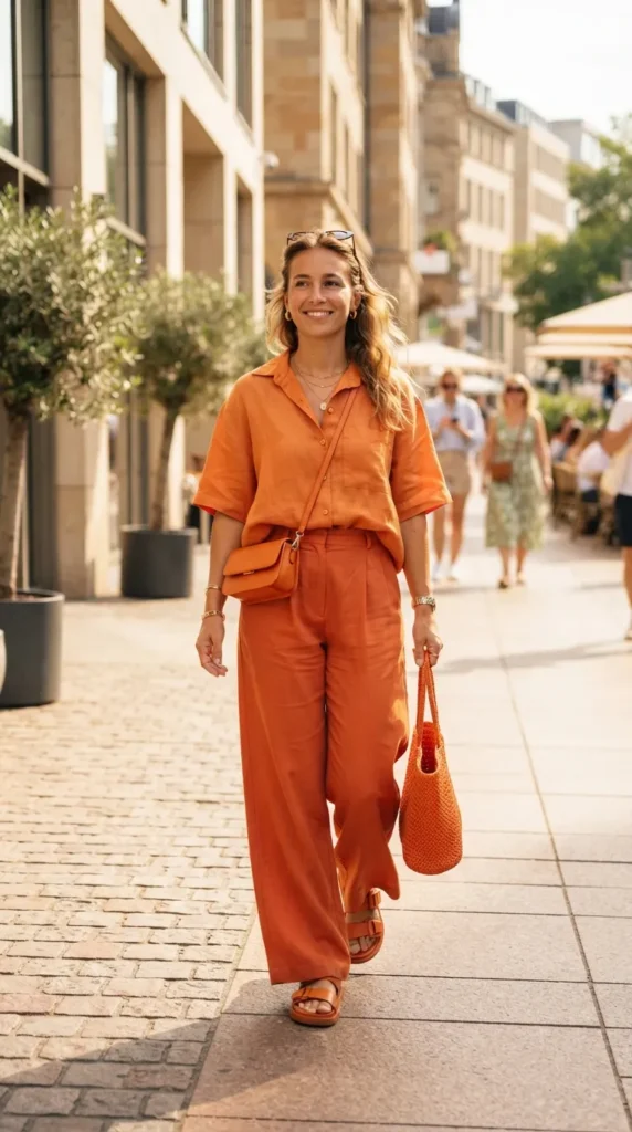 17 Trendy Monochromatic Outfits to Copy for a Clean, Modern Look 14 orange-monochromatic-outfit-for-summer-energy