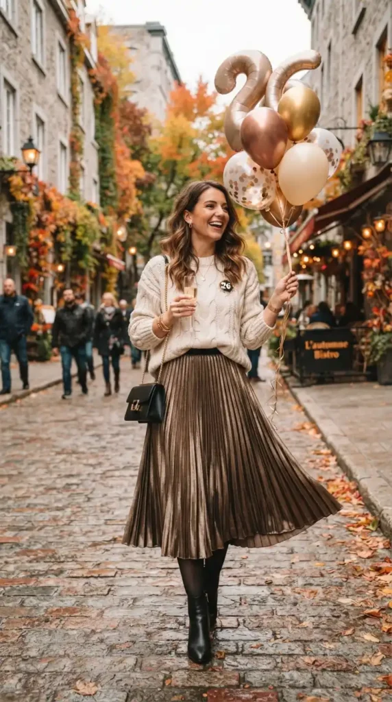 15 Fall Birthday Outfits for Chic and Memorable Autumn Celebrations 10 pleated-midi-skirt-with-a-chunky-sweater