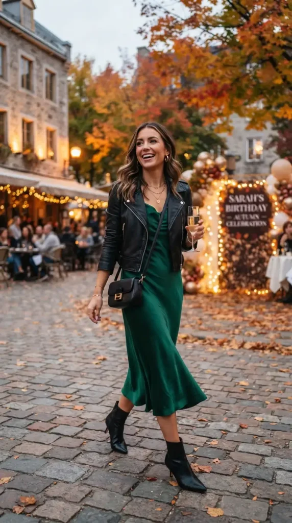 15 Fall Birthday Outfits for Chic and Memorable Autumn Celebrations 3 satin-midi-dress-with-a-cropped-leather-jacket