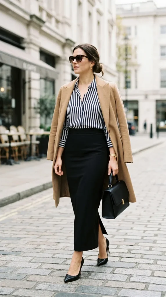 16 Long Pencil Skirt Outfits That Look Expensive Without Trying 10 striped-button-up-classic-outfit