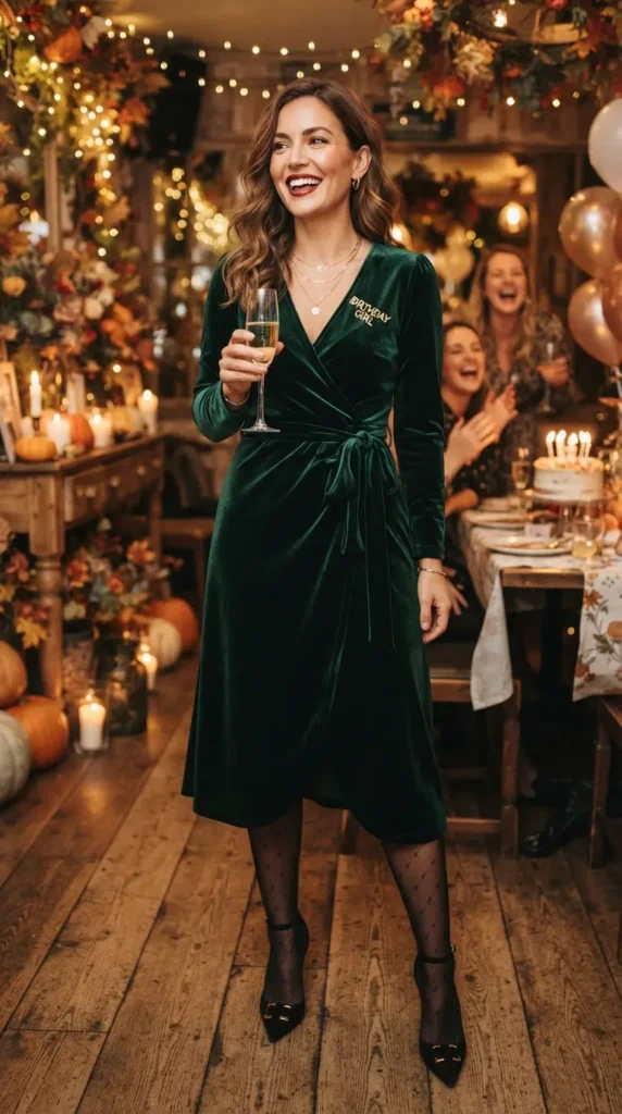 15 Fall Birthday Outfits for Chic and Memorable Autumn Celebrations 9 velvet-wrap-dress-with-elegant-heels